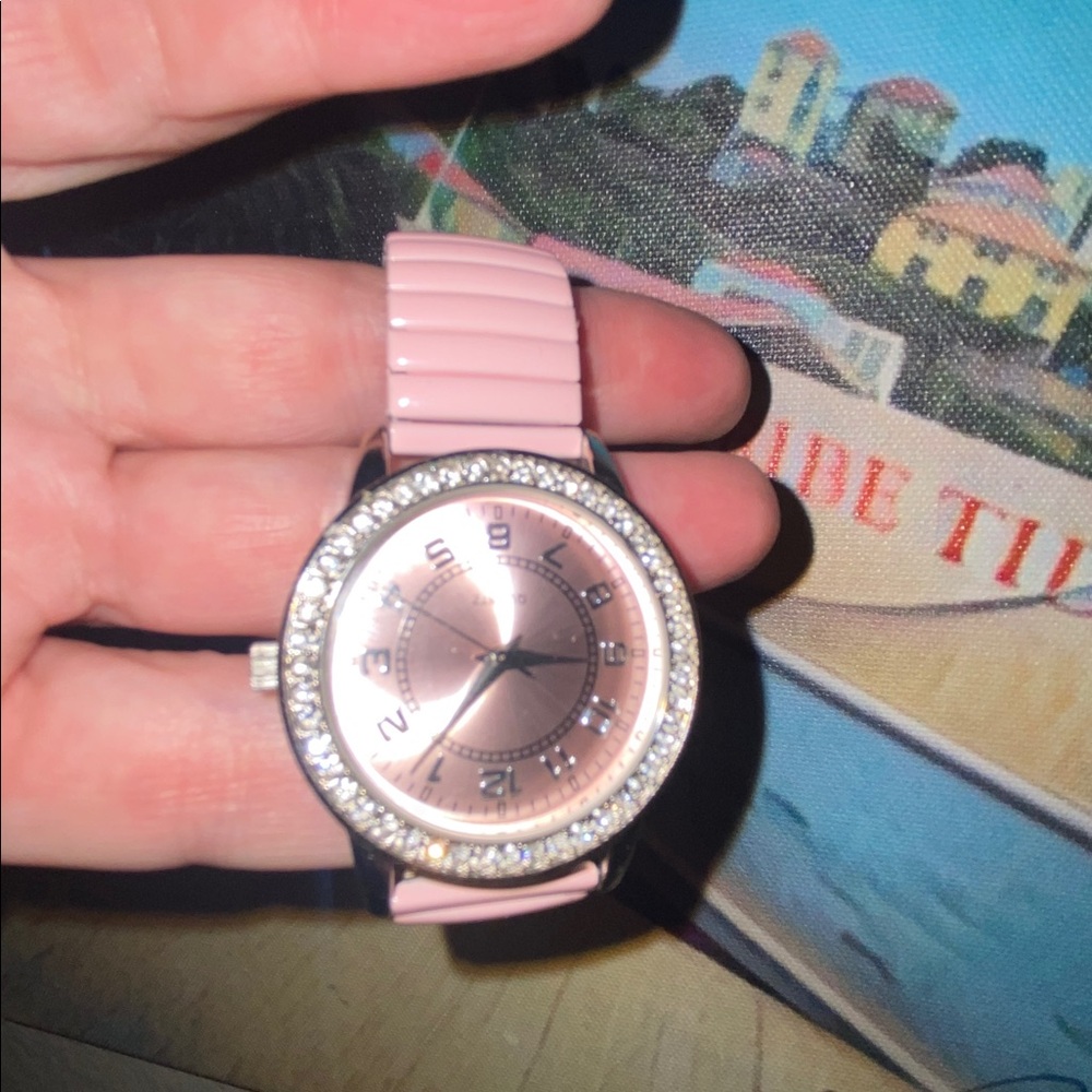 Vintage Pink Stainless Steel Quartz Rhinestones WORKING Watch